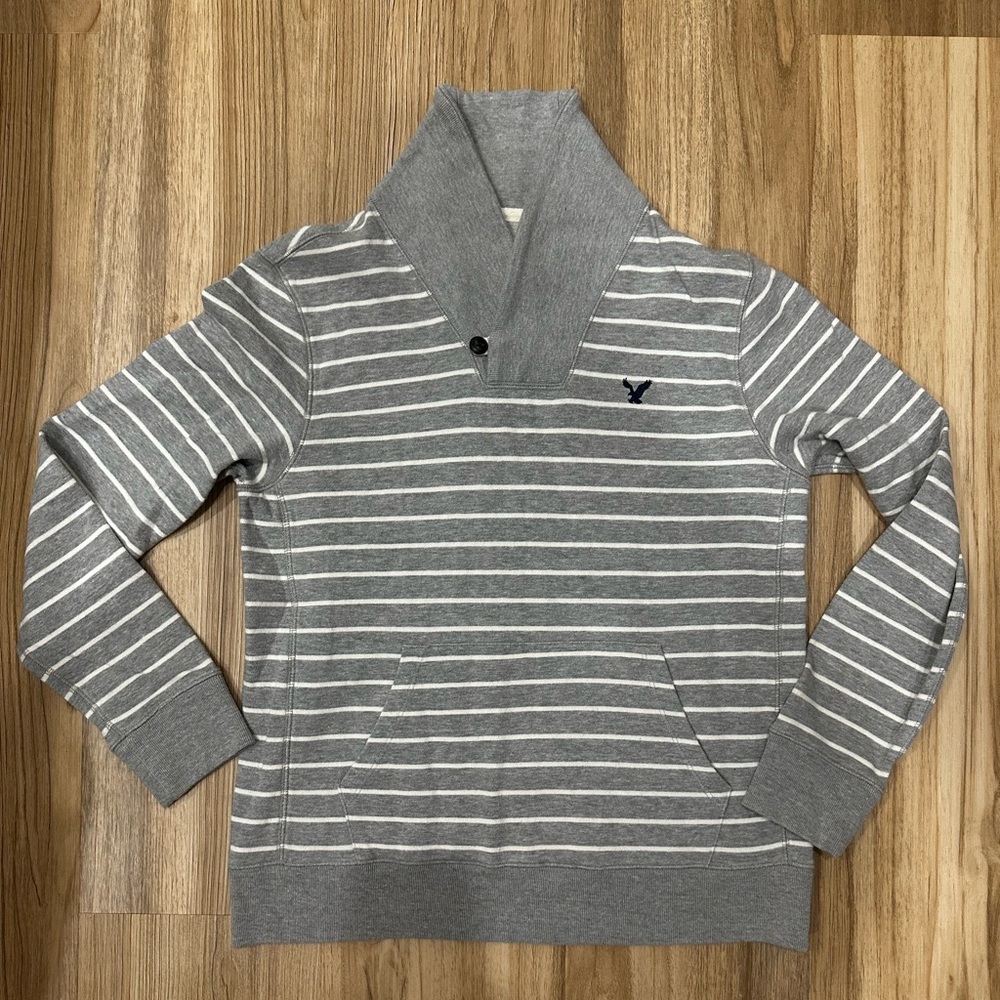 AEO American Eagle Outfitters Mens Stripped Pullover Sweater Grey Medium